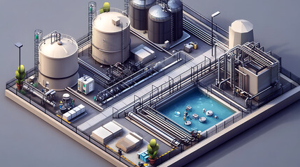 Poster - Industrial water tanks, pumping stations and industrial water facilities with cleaning and filtering systems in isometric