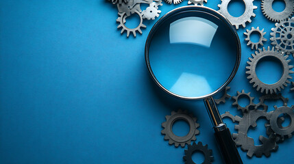 Fototapete - Magnifying glass and gears on blue background representing seo audit and analysis