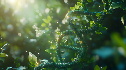 Poster - Innovative intersection of biotechnology and natural elements, featuring a dna double helix structure intertwined with botanical imagery, symbolizing the fusion of genetic research