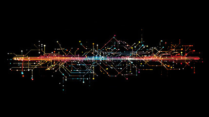 Poster - Interconnected lines and dots forming the shape of an subway map, representing digital network technology with black background