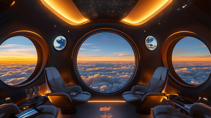 Aufkleber - Interior view of spacecraft with sunset over clouds