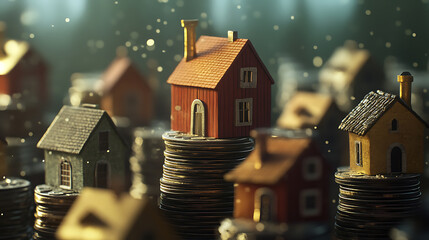 Poster - Mini houses on a stacks of coins