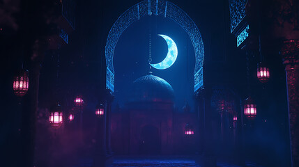 Poster - Islamic holiday ramadan kareem event background, decorate with arabic lantern, moon, crescent, and mosque dome