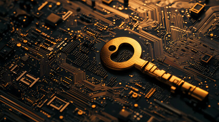 Poster - Key icon on digital circuit board background, digital security and data protection concept