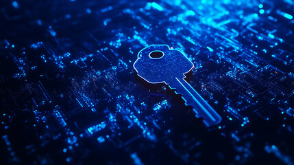 Poster - Key in blue technology background, digital security and data protection concept