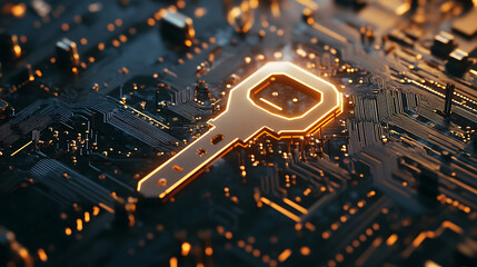 Leinwandbilder - Key symbol on the electronic circuit, cyber security concept
