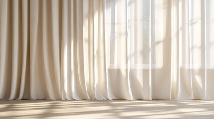 Poster - Minimalistic abstract gentle light beige background with light and shadow of window curtains on wall