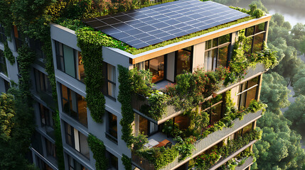 Aufkleber - Modern eco-friendly residential building featuring a roof completely covered with solar panels, complemented by lush green balconies filled with plants, exemplifying sustainable living