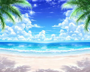 Wall Mural - idyllic tropical beach scene at sunset, featuring palm trees, clear sky, and gentle waves