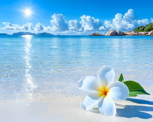 Wall Mural - idyllic tropical beach scene; white flower on pristine sand, clear turquoise water, bright sun