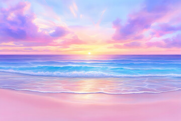 Wall Mural - pastel pink beach sunset with turquoise ocean waves