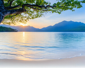 Wall Mural - serene sunrise over tranquil beach, mountains in background, tree branch framing
