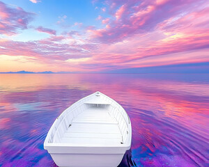 Wall Mural - serene sunrise; white boat floats on calm, colorful water