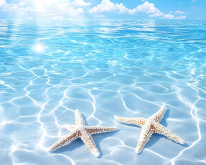 Wall Mural - two starfish on a calm, sunny beach with clear, shallow water