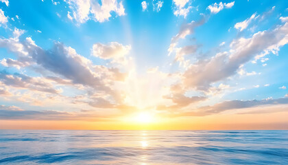 Wall Mural - vibrant sunset over calm ocean, sun rays bursting through clouds