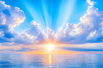 Wall Mural - vibrant sunset over calm ocean, sun rays bursting through clouds (1)