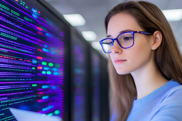 Woman programmer reviewing code on a large monitor in a server room