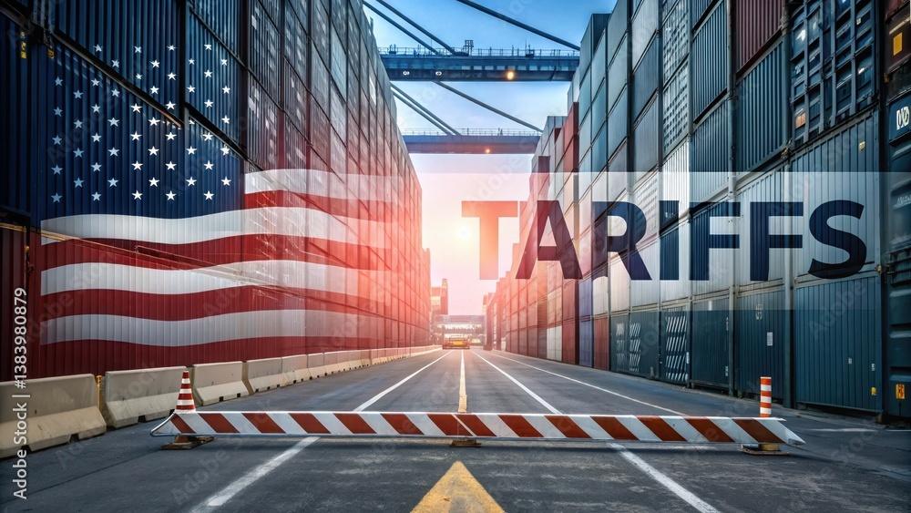 Reciprocal Tariffs. Import Tariffs USA 2025 Containers line a port with ...
