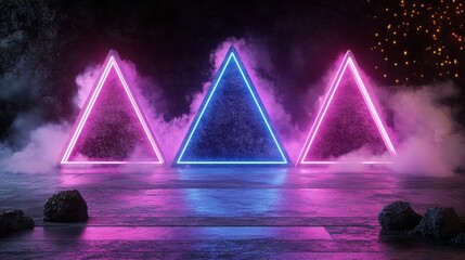 Wall Mural - neon triangular shapes with smoke and lights in dark background