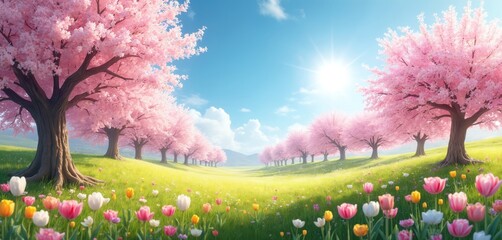 Wall Mural - scenic spring landscape with blooming pink cherry blossom trees. vibrant tulips, other flowers in gr