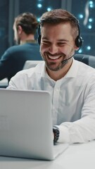 Wall Mural - polite caucasian office manager servicing online customer speaking headset microphone while coworkin
