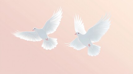 Poster - Two elegant doves flying together in soft pastel sky conveying peace and love