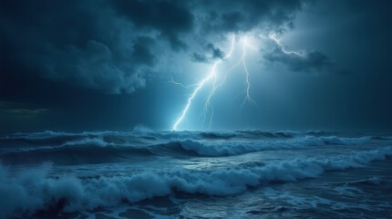 a breathtaking image of lightning striking the ocean, with dark storm clouds and powerful waves, cap