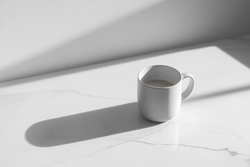 Aufkleber - Minimalist top-down view of a white coffee cup on a clean table with soft shadows creating an elegant and serene atmosphere for relaxation