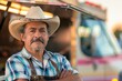 © NikoG - Portrait of a middle aged Mexican male food truck owner standing in front of his truck