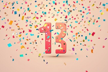 Poster - Modern playful number icon 13 surrounded by colorful confetti in a warm atmosphere perfect for celebrations like birthdays or anniversaries