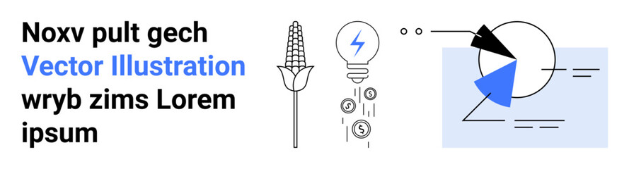 Corn stalk, lightning bulb with currency symbols, geometric charts in dynamic lines. Ideal for technology, farming, environment, innovation, energy, data analysis simple landing page