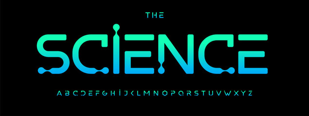 Fototapete - Modern Science Font with Liquid Molecule-Inspired Shapes and Blue Gradient Style on Dark Background. Ideal for Technology, Medical, or Education Projects. Vector typeset.