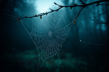 Detailed spider web with dew drops suspended between tree branches in dark misty forest at dawn