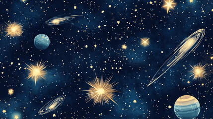 Wall Mural - Starry space seamless pattern. Galaxy shiny stars fabric print, astronomy science starlight background or night sky wallpaper vector pattern. Universe starry pattern with glowing stars and comets