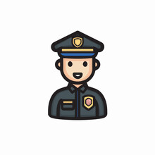 Cartoon cop smiles in uniform against a white backdrop detail