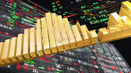 Wall Mural - Dynamic financial growth with rising gold bars amidst global market data and trading dynamics