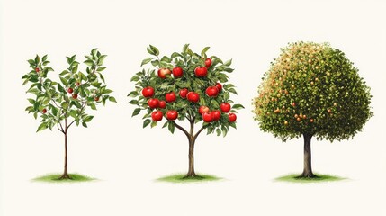 apple tree growth stages; sapling, fruiting, mature; white background; educational illustration