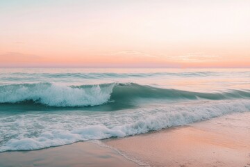 Poster - Peaceful seascape showcasing soft waves beneath a pastel sunrise sky, evoking a sense of calm and tranquility in nature