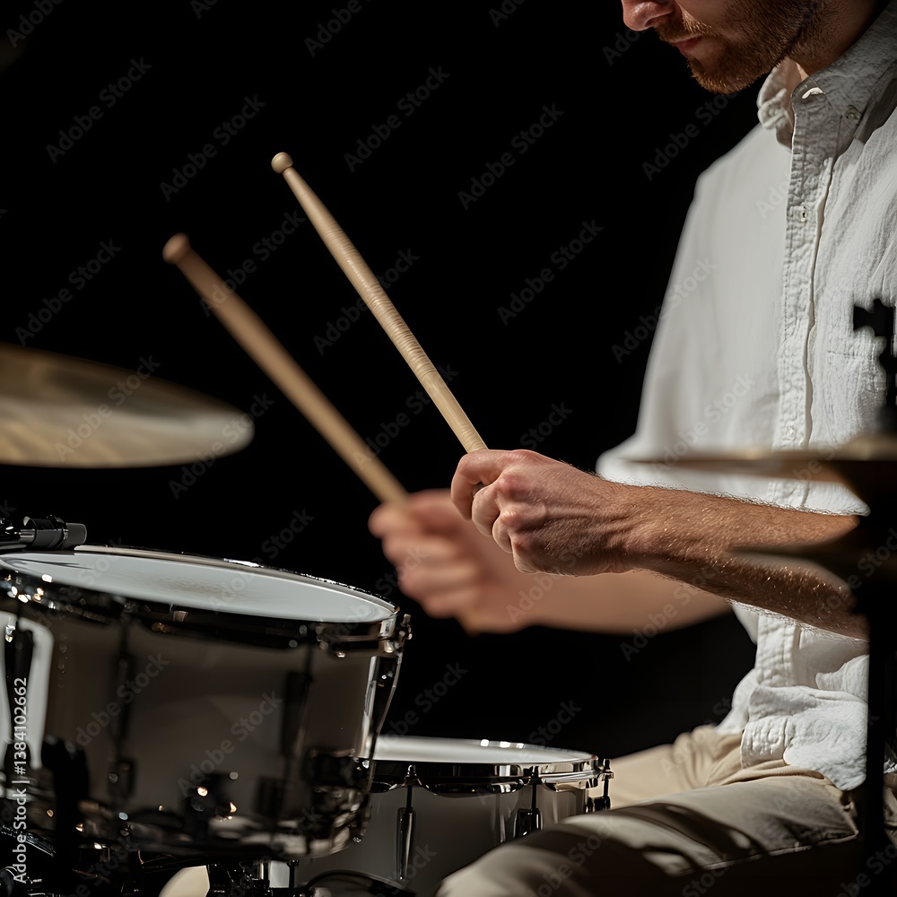 Close up of Male Drummer s Hands Playing Drumsticks on Snare Drum Kit in Dark Studio