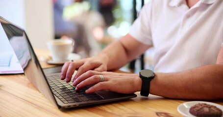 Aufkleber - Business, hands and typing on laptop in cafe for email communication, online report and freelancing. Entrepreneur, man and technology in coffee shop for remote work, startup proposal and web research