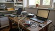 © Imdad - A cluttered desk with two laptops, an audio interface, and numerous cables in a home office setting