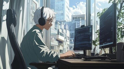 Person with headphones works at computer in apartment with city view.