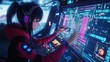 © jambulart - Anime style girl with headphones interacts with holographic screens in a futuristic setting.