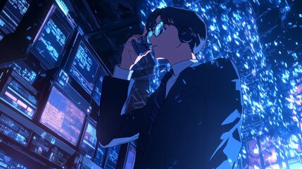Man in suit speaks on phone surrounded by screens in a dark room.