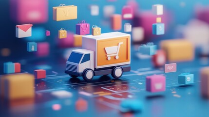 Fototapete - Modern abstract design featuring icons of online shopping, credit cards, delivery trucks, and bags in a smooth gradient layout for a clean interface