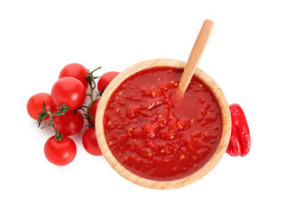 Wall Mural - bowl with tasty tomato sauce and fresh vegetables on white background