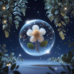 Wall Mural - A delicate white flower is encapsulated in a glowing transparent orb, surrounded by gently draping green leaves and twinkling lights. The nighttime setting adds a mystical and serene atmosphere