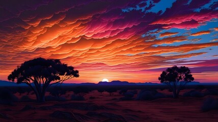 Wall Mural - Vibrant colors fill the sky as the sun sets behind a silhouette of acacia trees in a serene landscape. Dramatic clouds are painted with hues of orange, pink, and purple, creating a breathtaking sunset