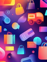 Leinwandbilder - Modern abstract background featuring icons of online shopping, credit cards, delivery trucks, and shopping bags in a smooth gradient design