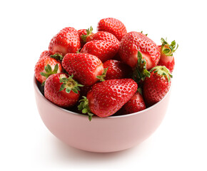 Wall Mural - bowl with fresh strawberries on white background